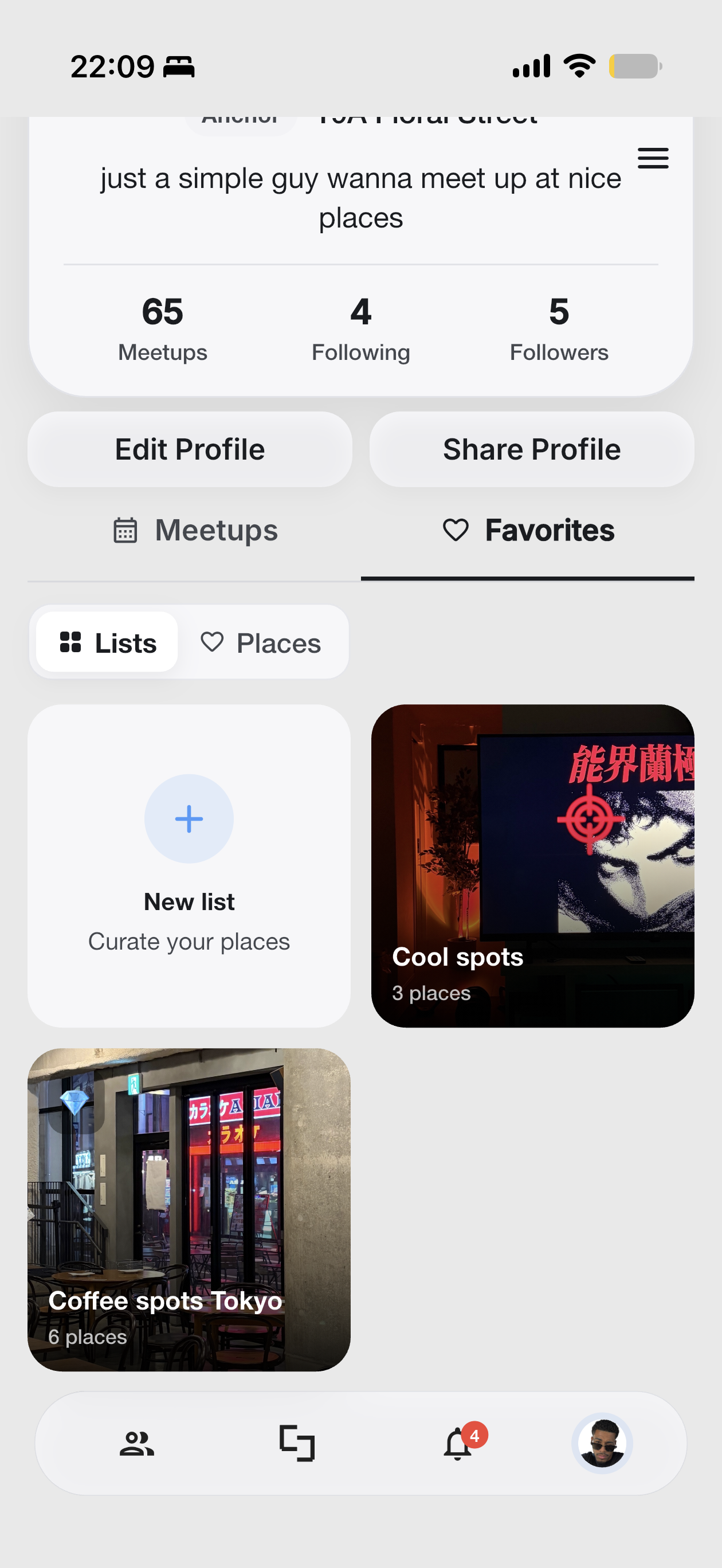 Profile favorites — curated lists of places like Coffee spots Tokyo and Cool spots