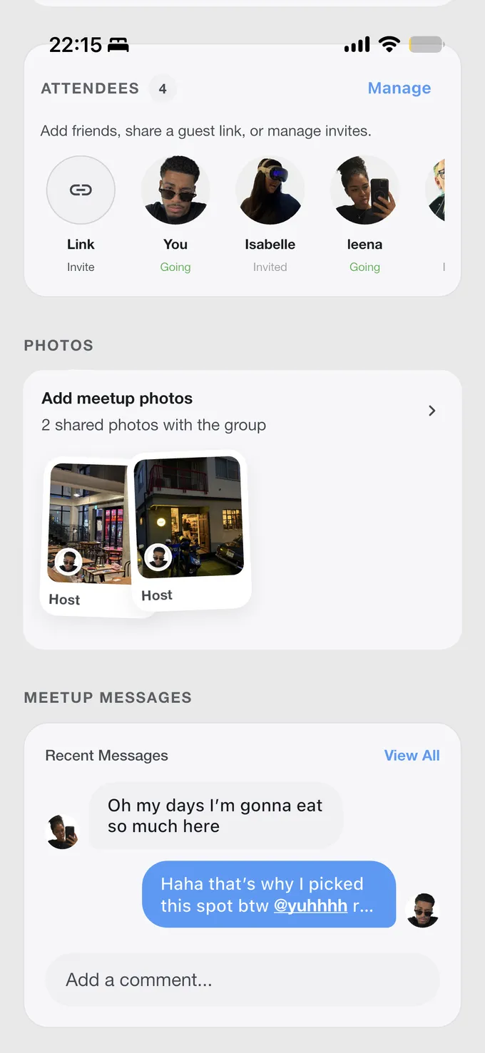 Halfway meetup details with attendees and messages