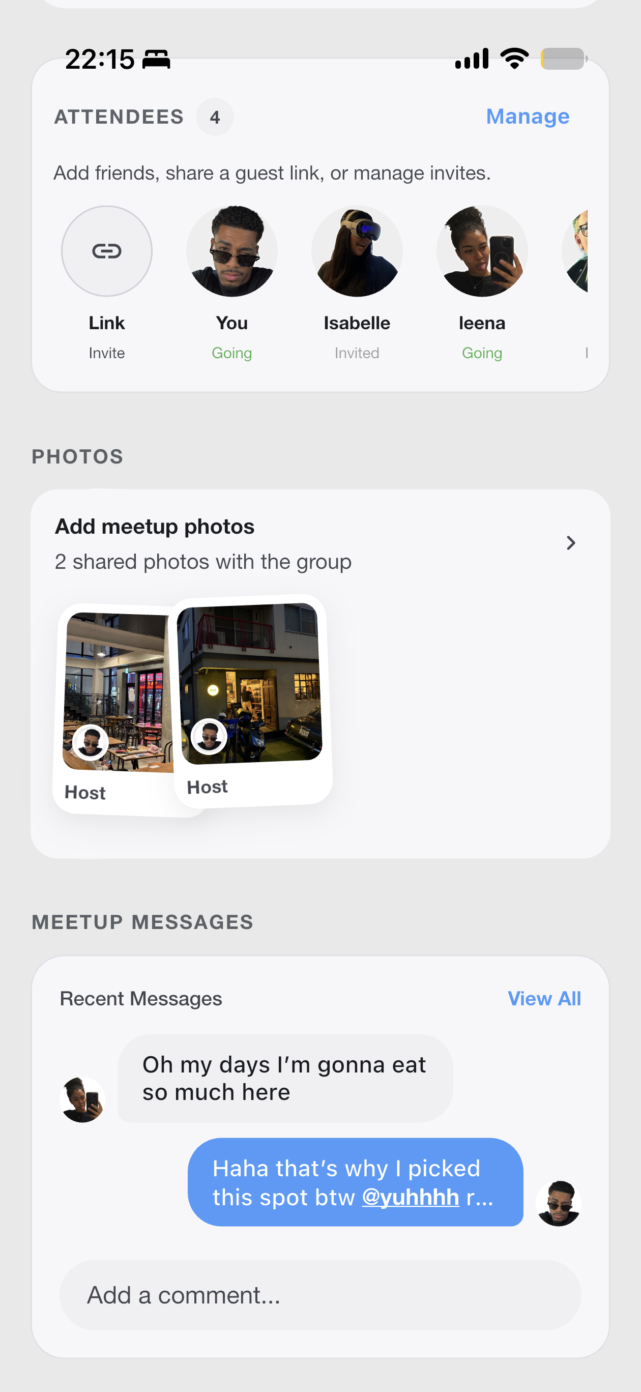 Meetup detail — attendees, RSVPs, chat and meetup post all in one place