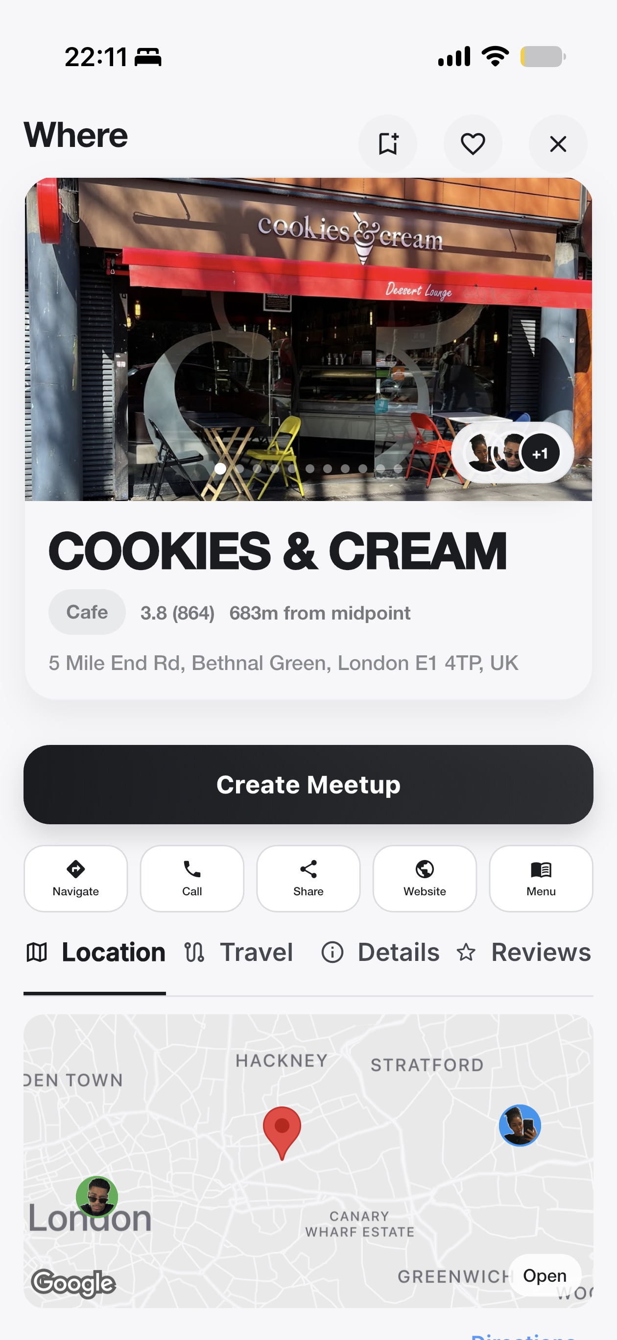 Place detail showing 683m from midpoint with a Create Meetup button